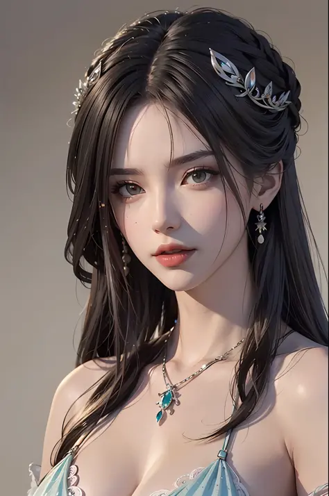 A beautiful anime girl，Wear a one-piece bright silver evening gown，A beautiful fantasy queen，（（Beautiful fantasy queen）），seductive anime girls，Royal elegant posture，alluring。Large breasts， disheveledhair， Symmetrical bun， hair accessory， jewelries， Exquisi...