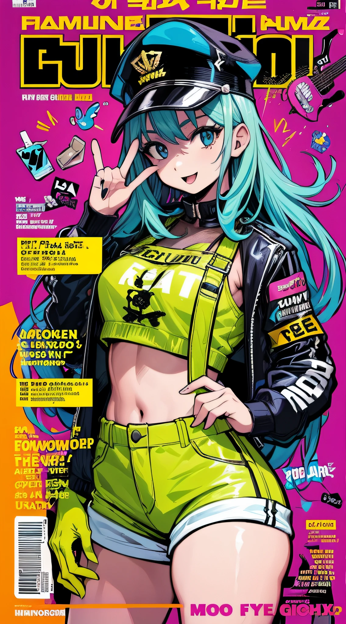 1girl, sfw, cap, shorts, jacket, (Magazine cover-style illustration of a fashionable woman in a vibrant outfit posing in front of a colorful and dynamic background. She has a confident expression and is striking a pose. The text on the cover should be bold and attention-grabbing, with the title of the magazine and a catchy headline. The overall style should be modern and trendy, with a focus on fashion and lifestyle), wallpaper, crowds, fashion, contrapposto, female focus, model, cool