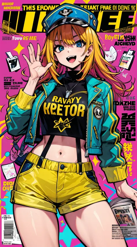 1girl, sfw, cap, shorts, jacket, (Magazine cover-style illustration of a fashionable woman in a vibrant outfit posing in front o...