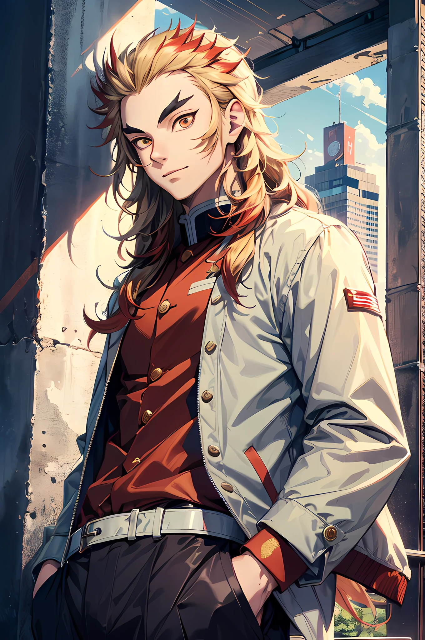 rengoku kyojuro, (absurdres, highres, ultra detailed, HDR), masterpiece, best quality, 1boy, solo, handsome, long hair, forked eyebrow, shirt, jacket, pant, park, city, sunny day, smirk, from below, look down