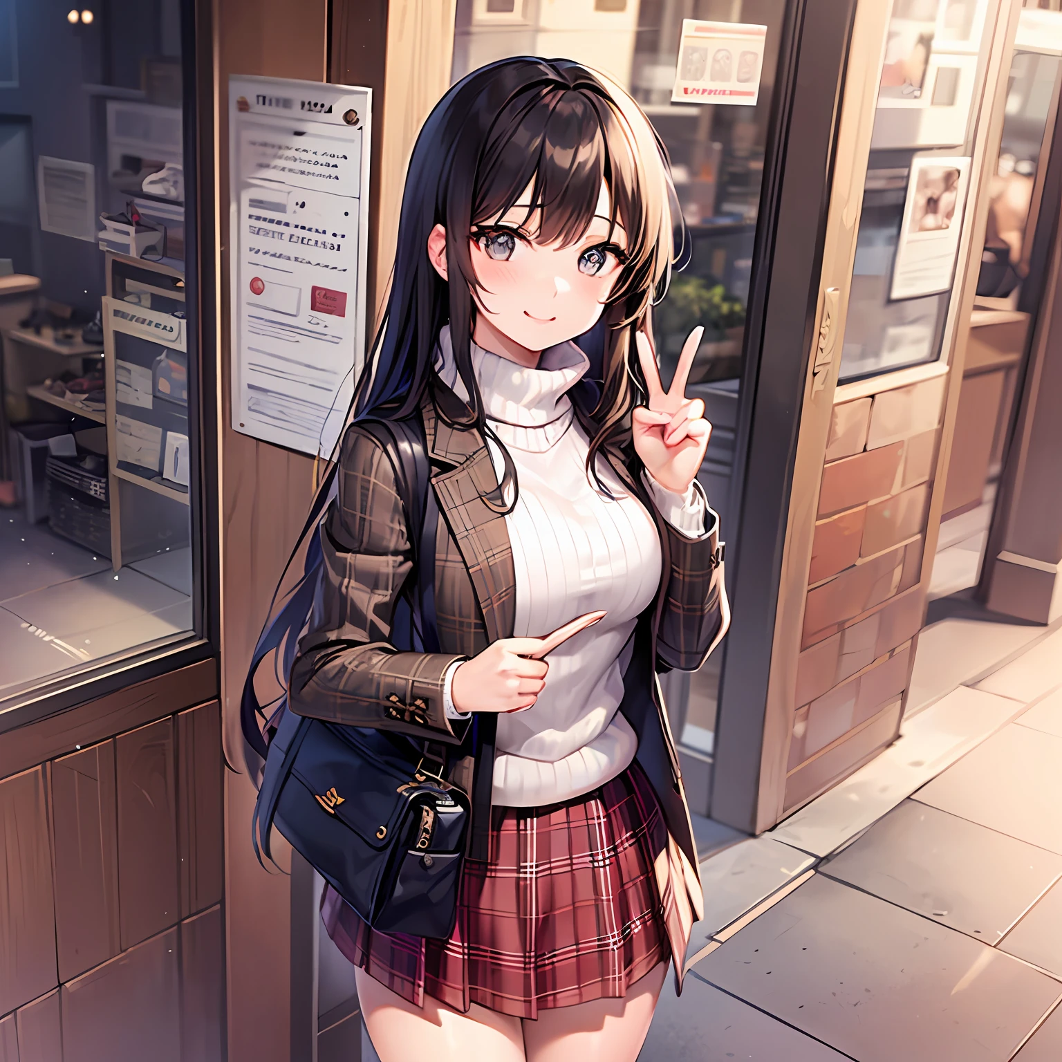 1girls, Petite and cute 23 year old girl、baby-faced、Breasts are large、brown colored hair、semi long hair、White turtleneck sweater、Duffel coat、Red check muffler、Long pleated skirt、stockings、A slight smile、peace signs、No background