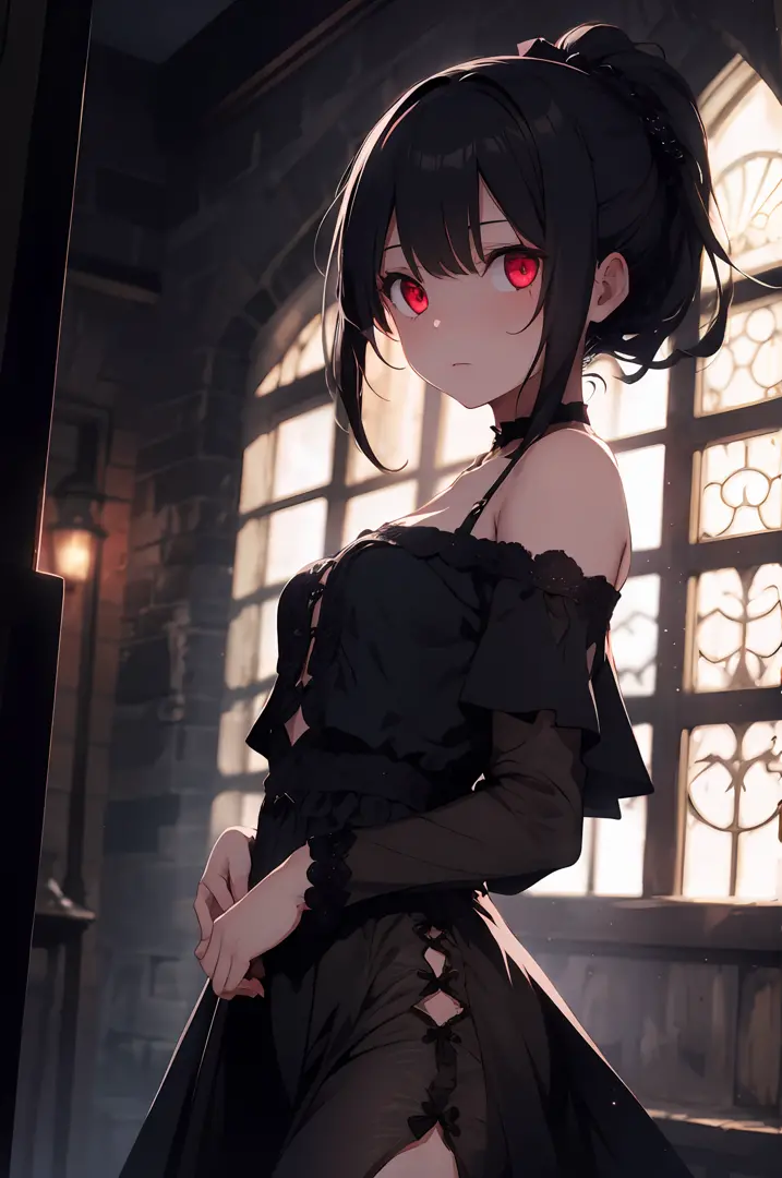 1girl, solo, black hair, red eyes, glowing eyes, ponytail, sidelocks, medium breast, expressionless, veil, hair, black dress, of...