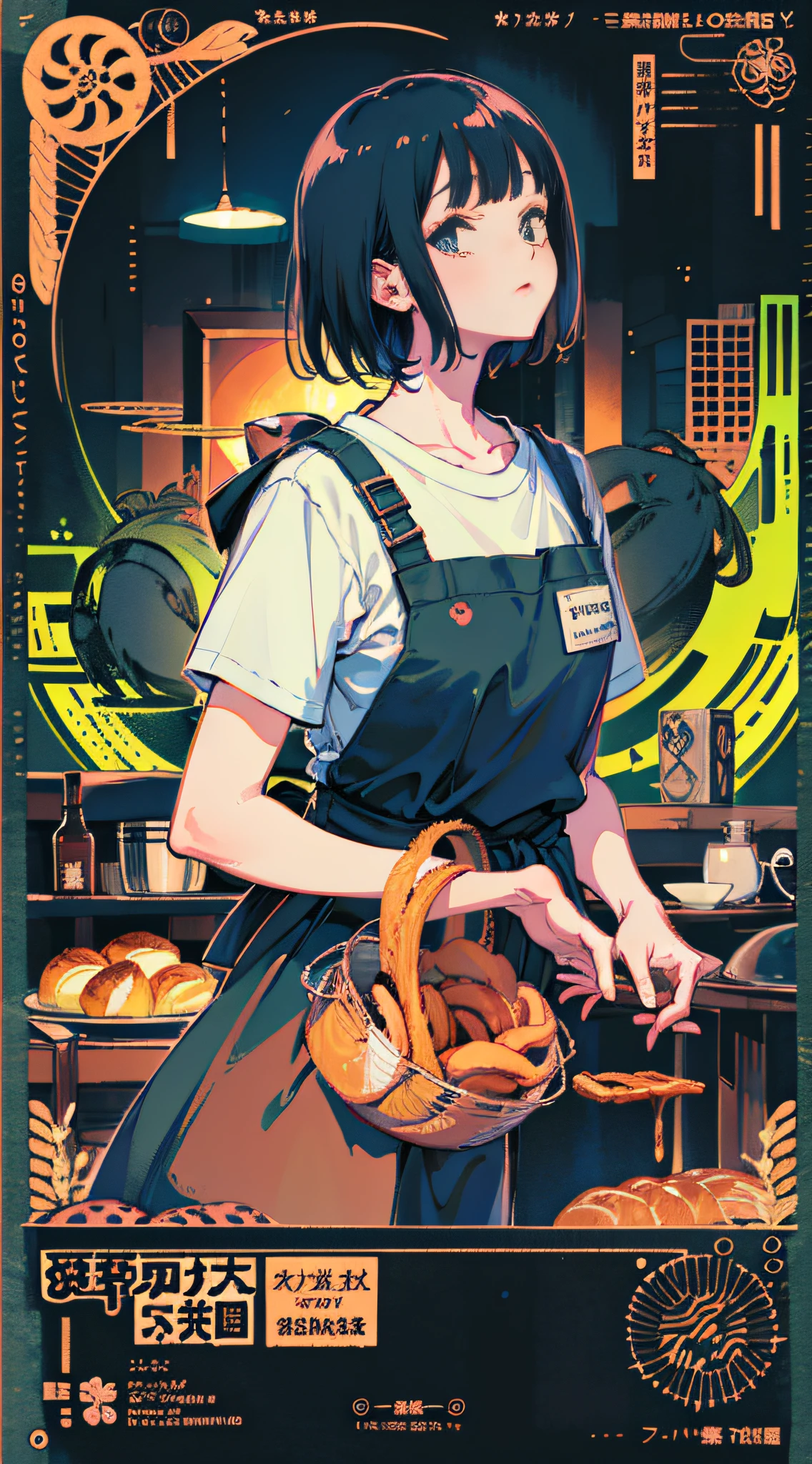 ((breads)),girl promoting breads, (girl wearing apron: 1), bakery, breads, ((croissant)), muffin, wheat, ((baguette)), Branding, vintage design, Blaxploitation movie poster, RZMINJOURNEY:0.6, design for t shirt, t shirt design, shirt, inspired by Yoshida Hanbei, inspired by Gatōken Shunshi, inspired by Yamamoto Shōun, inspired by Reuben Tam, inspired by Ravi Zupa, japanese inspired poster, inspired by Watanabe Shōtei, inspired by Tawaraya Sōtatsu,((Cozy Delight))