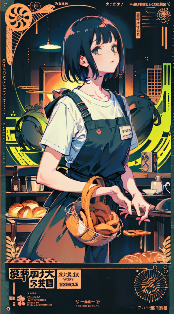 ((breads)),girl promoting breads, (girl wearing apron: 1), bakery, breads, ((croissant)), muffin, wheat, ((baguette)), Branding,...