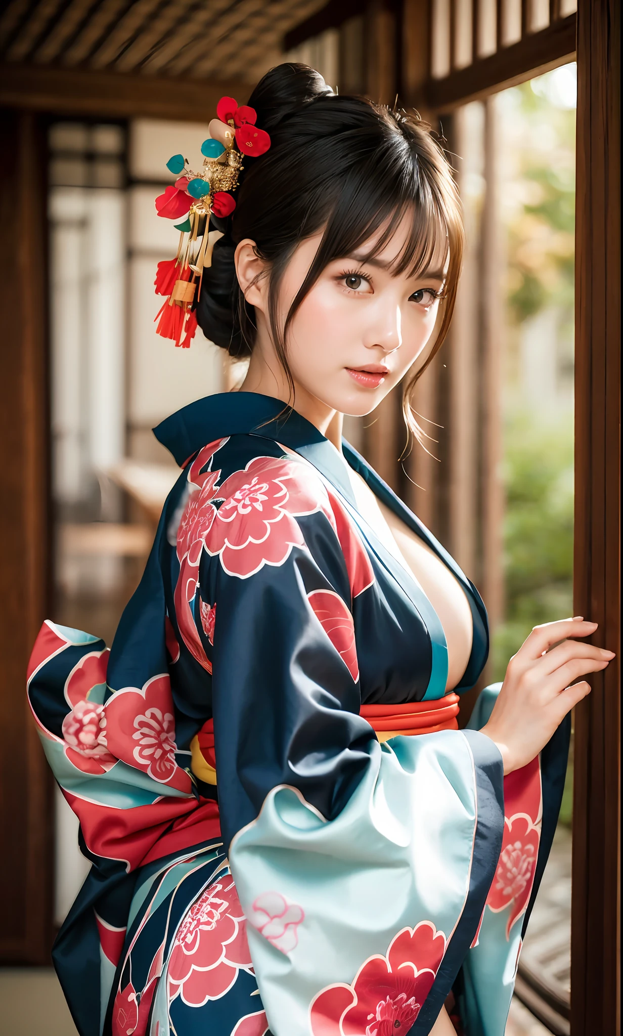 ulzzang-6500-v1.1, (Raw photo: 1.2), (Photorealistic: 1.4), beautiful detailed girl, very detailed eyes and face, beautiful detailed eyes, ridiculous, incredibly ridiculous, huge file size, super detailed, high resolution, very detailed, highest quality, masterpiece, (kimono), oiran illustration, highly detailed, cg, unification, 8k wallpaper, amazing, Fine details, masterpiece, top quality, highly detailed CG unified 8k wallpaper, face light, movie lighting, 1 girl, kimono, Japan, (wearing kimono), cleavage, (without panties), (dynamic pose), (kimono with Japanese pattern), (half)