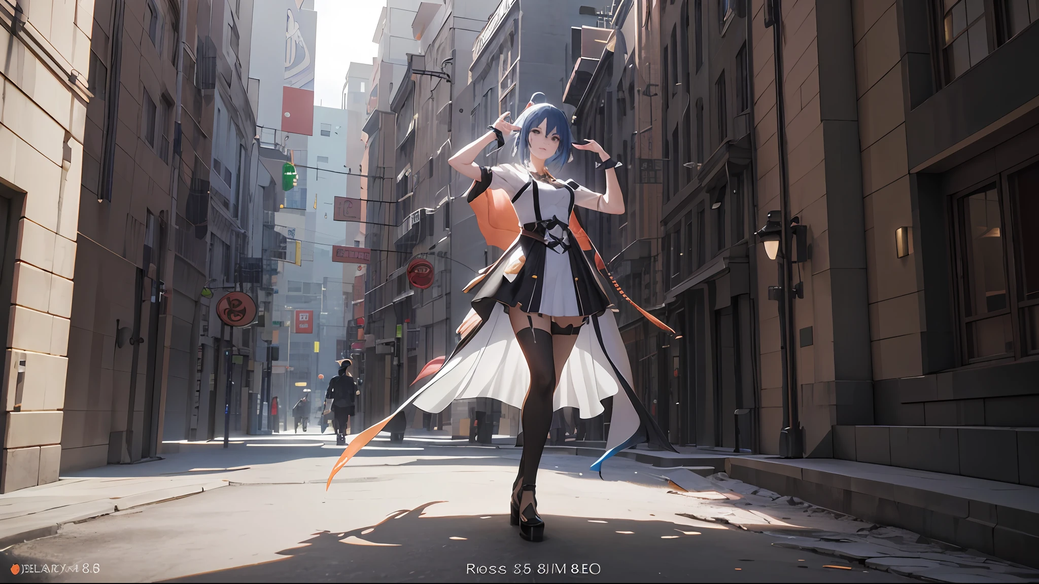 anime - femme de style dans une tenue noire et blanche posant devant un bâtiment, Prise de vue cinématographique en buste, art du personnage de rendu 3D 8 k, rendu cinématographique détaillé, Fantaisie de détail 4 k, rendu d&#39;octane 8 k de style fantastique, Rendu portrait 8k, Ross Tran 8K, 2. Oeuvre fantastique d&#39;anime CGI 5 D, personnage fantastique hyperdétaillé, pose cinématographique élégante