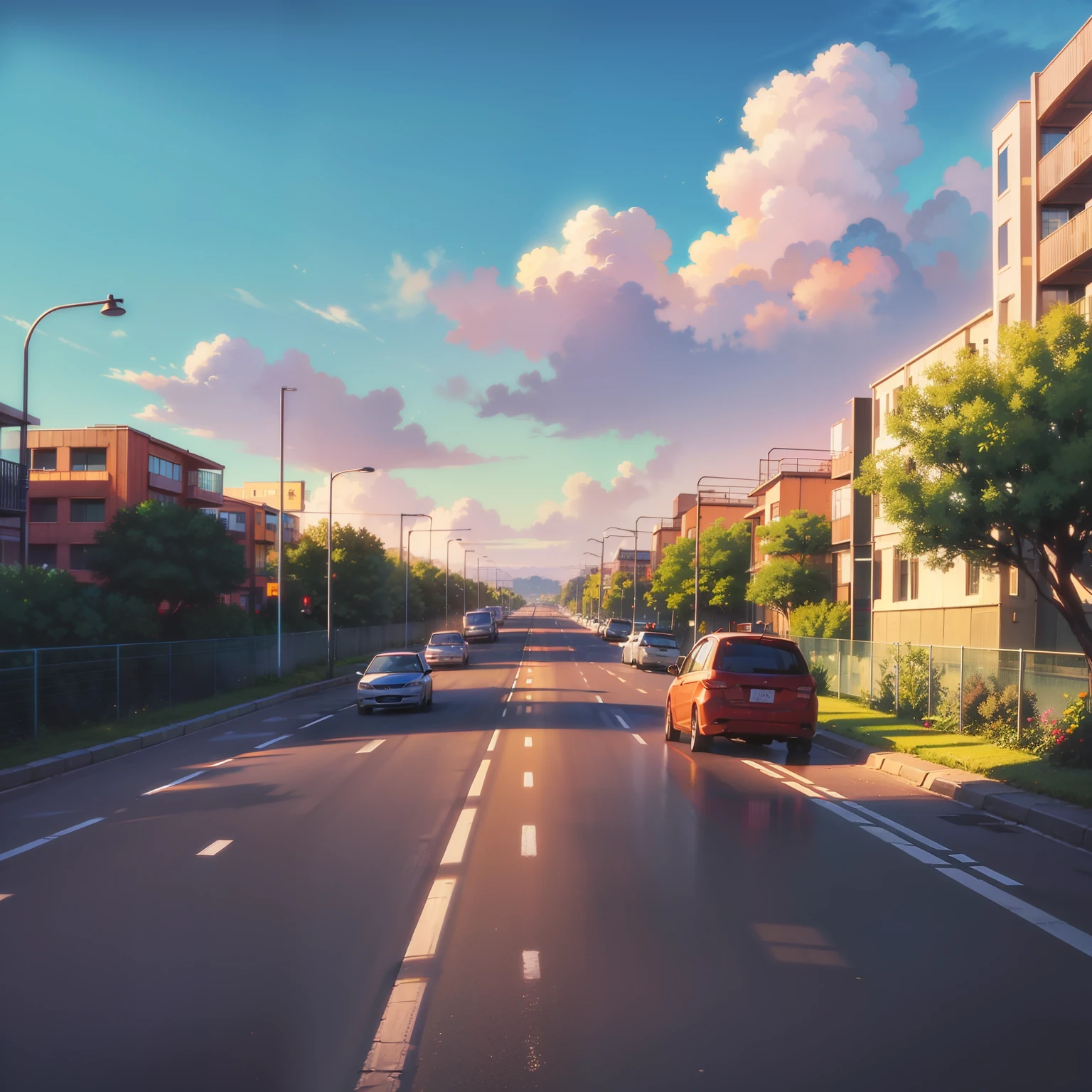 Arte estilo de anime, ((artistic work)), anime diner, background scene, a highway with pontillon, cenario urbano, highway outside the city, city in the background with large buildings, beautiful scenery in the late afternoon, urban highway, background scene para anime, (((Arte estilo de anime))), ((angle of view height from the ground))