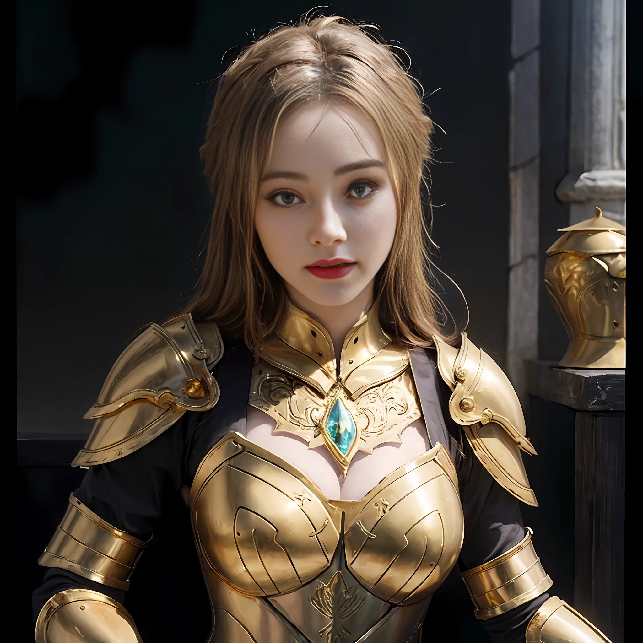 a close up of a woman in a gold armor outfit, gorgeous female paladin, Armor Girl, portrait knights of zodiac girl, Golden armor, girl in knight armor, Wearing gold armor, wearing golden armor, golden armour, ruan jia and artgerm, Gold armor, angelic golden armor, IG model | Art germ, stunning armor, wearing fantasy armor