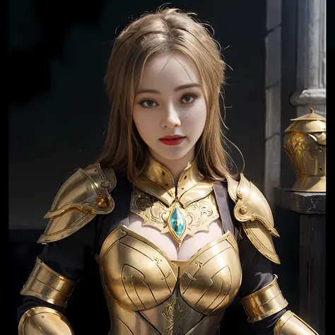 a close up of a woman in a gold armor outfit, gorgeous female paladin, Armor Girl, portrait knights of zodiac girl, Golden armor...