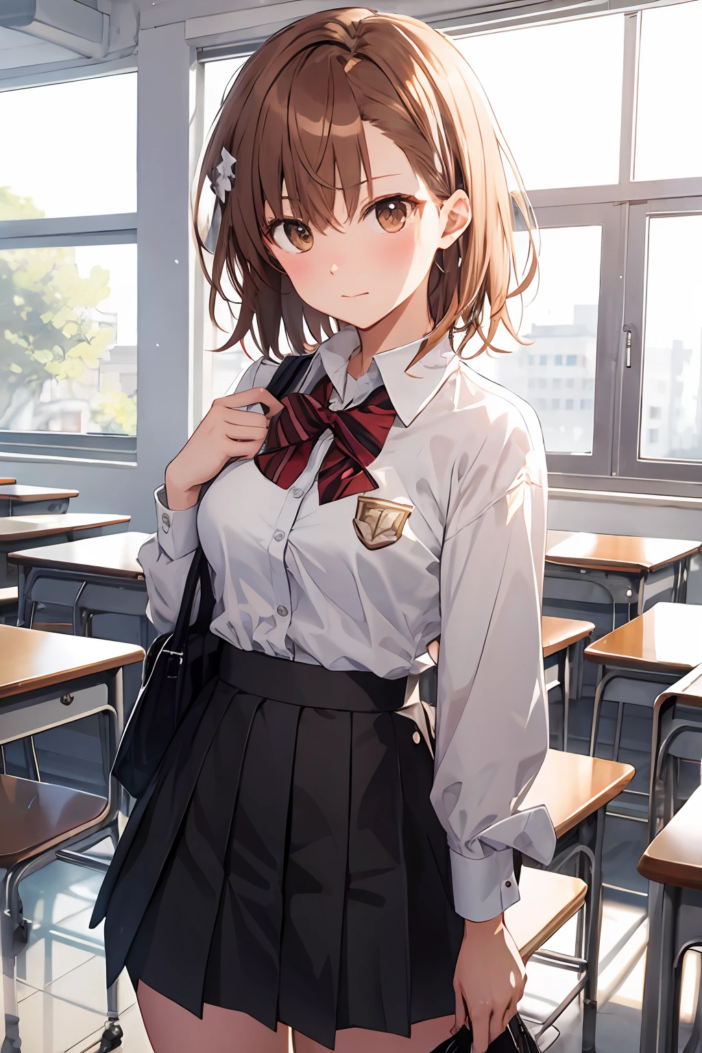 The Masterpiece, best qualiy, Misaka_mikoto, brown eyess, Short_hair, Small_Breast, looking at the viewers, solo, Closed_Mouth, collars_Shirt, School_uniform, shirts, whited_Shirt, , class room　full bodied　miniskirts