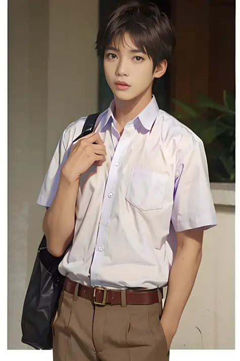Thai student uniform for male --MATHAYOMKHAKI WHITE SHIRT BROWN SHORT PANT--