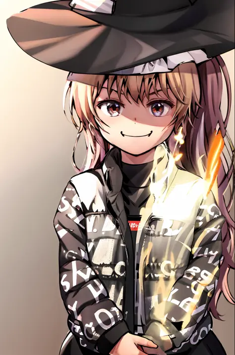 masterpiece, best quality, 1girl, solo,grin, kirisame marisa, grey background, 
dripjacket
own hands together
