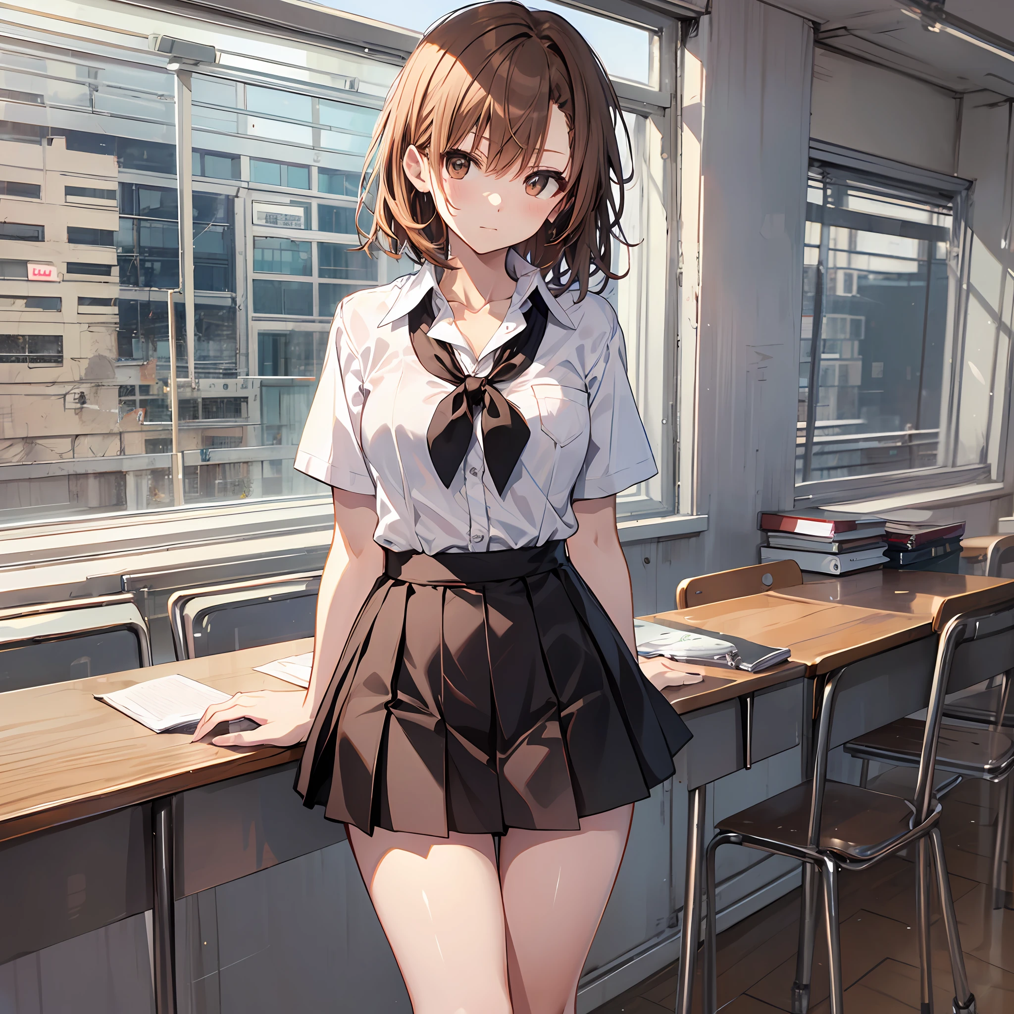 make, best qualiy, Misaka_mikoto, brown eyess, Short_hair, Small_Breast, looking at the viewers, solo, Closed_Mouth, collars_Shirt, School_uniform, shirts, whited_Shirt, , class room　full bodied　miniskirts　Cool look