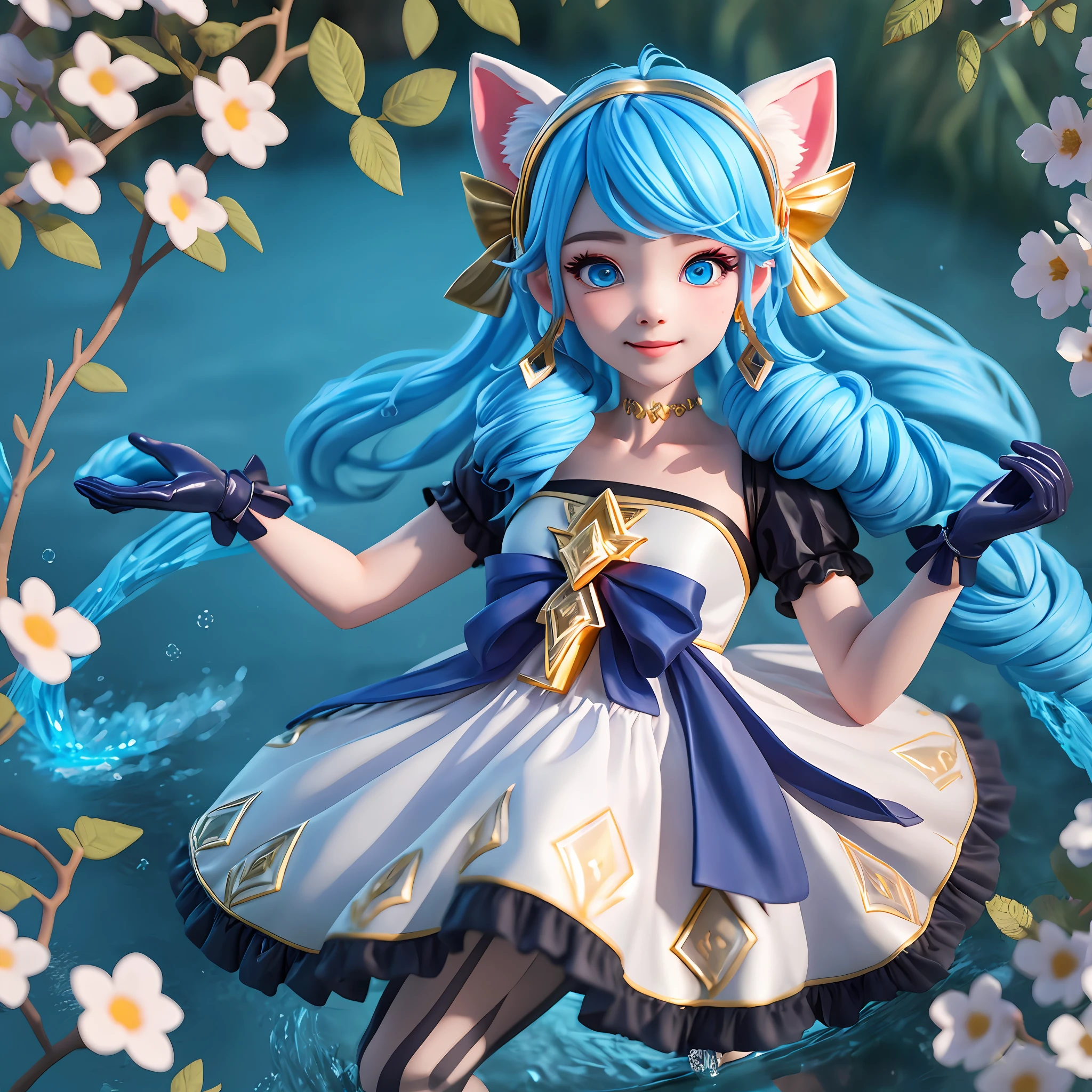 （1girls），Single person, Black bow, Black gloves, black legwear, Blue eyes, Blue hair, clarkbone,Spiral braids， dress, Drill hair, Frilled dress, frils, mitts, Gwen\(league of legend), hair accessory，high - resolution，League legendary，slong hair，Split lips，puff sleeves，Pink pupils，smiled，独奏，White dress，Bubbles，x hair accessories，lying down，Bubbles，water stream，semi naked，Delicate hair，Arm carving，Blue hair，blossoms，Delicate shoes，Depiction of facial features，Delicate facial features，Eye portrayal，Delicate hair，Popmart blind box，Clay texture，the golden ratio，Black and white background，natural day light，the best qualityt，ultra-details，3D art，C4D, OC renderer, 3d rendered, 8K，Various actions，Blushlush，Q version，gnome，Round toot