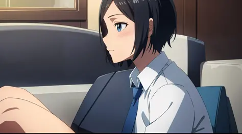 masterpiece, best quality, very detailed 
, 1girl, solo, black hair, short hair, blue eyes, shirt, tie, sitting, blushing, sofa,...