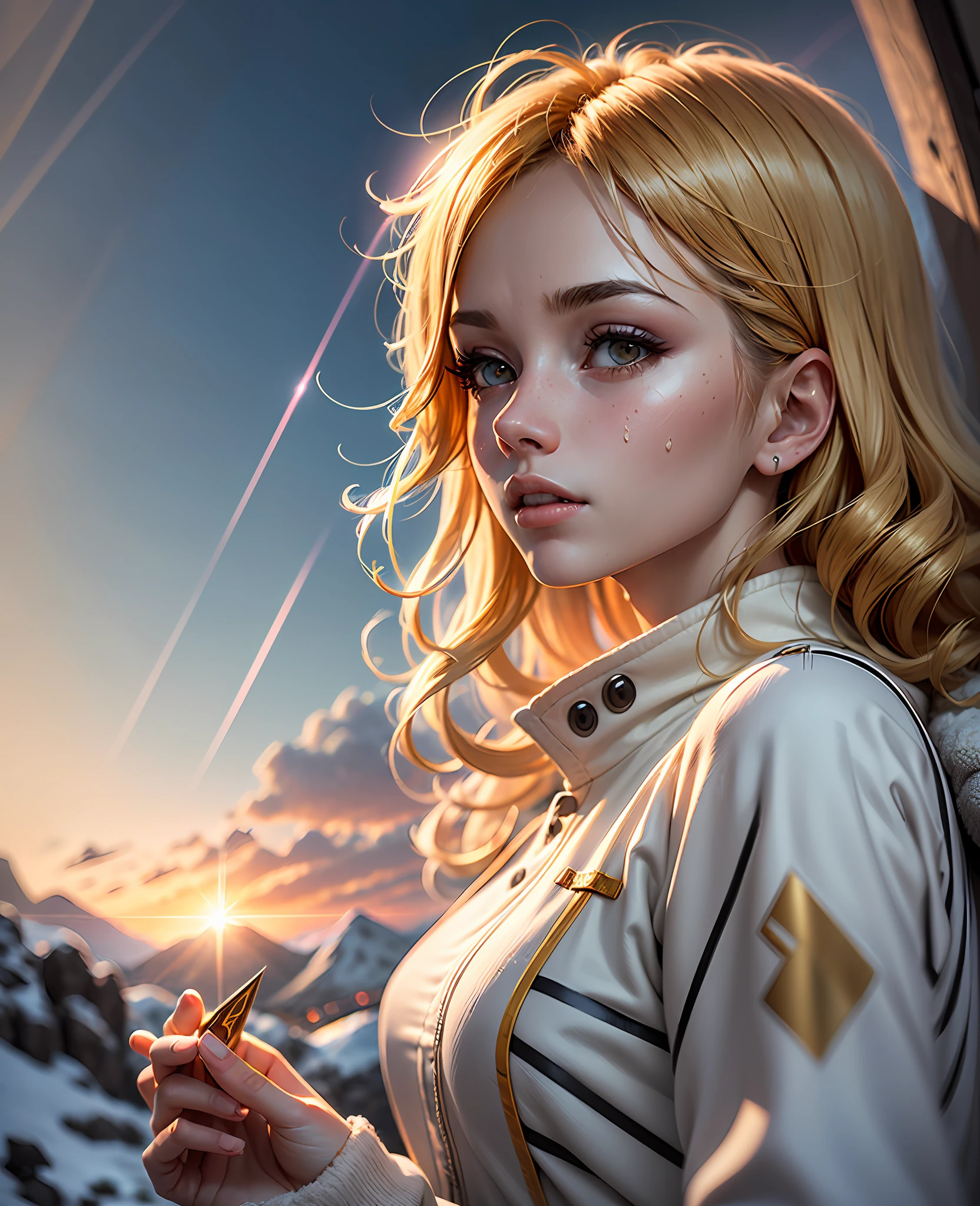 (award winning 64k concept art:1.3) of (young woman looking up:1.2), in white coat, sweet, front, epic, god rays, (masterpiece:1.4), (best quality:1.4), Amazing, highly detailed, beautiful, finely detailed, warm soft color grading, (Depth of field:1.4), extremely detailed 64k, fine art, (valley in the background), stunning, (light reflections:1.2), (crisp:1.6), gold short curls, winter, vibrant, sunlit, (edge detection:1.4), absurdres, impressive, 120mm, extremely clear, lens flare, motion lines, symmetrical clothes