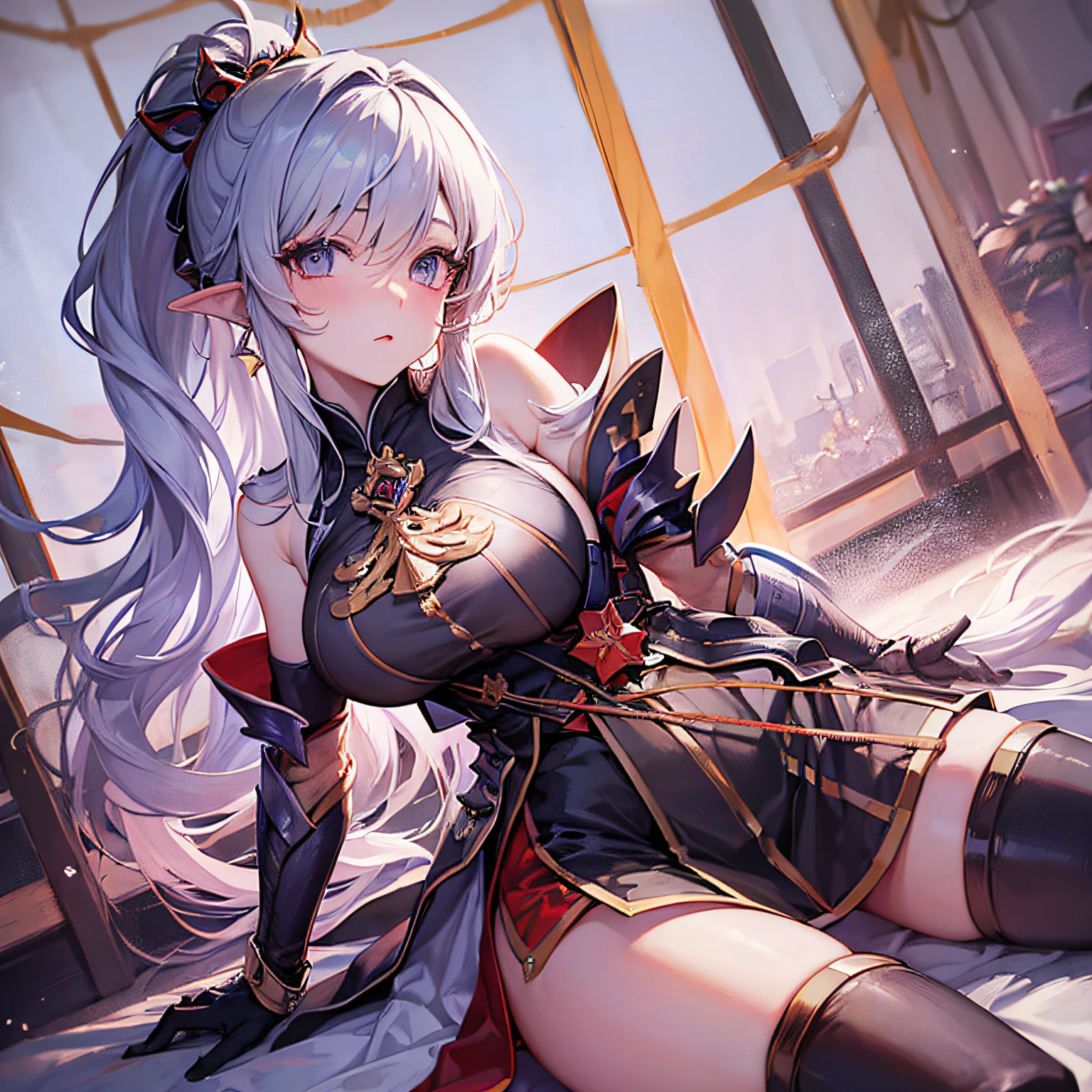 Peerless beauty，Perfect slim body，Mature royal sister face，Double ponytail curls，Knight armor，Sexy and seductive，Nice face，Full body like，4K quality，Feminine expression，Blush shyness，Star-like deep eyes，Huge breasts，short  miko skirt，Knife pulling posture。Overflowing bust，Fight Warcraft，speed lines，the best quality t，master-piece，Magnificent background，On the battlefield，Clothes are broken