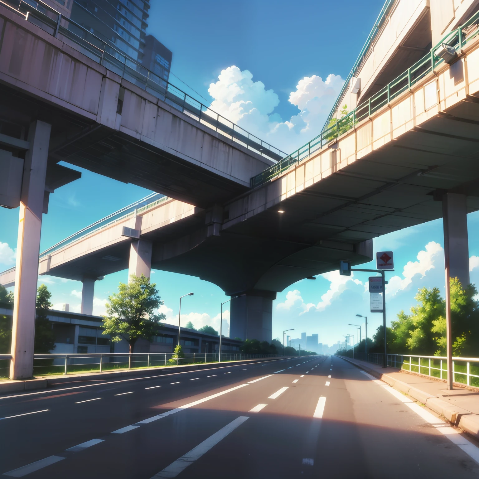 Generate an anime-style artwork featuring a low-angle view of a highway and an overpass. The perspective should be from ground level, as if the camera is positioned on the road itself. The scene should showcase a highway with cars passing by and an elevated walkway in the background. Beyond the highway, there should be a cityscape with tall buildings, depicting an urban setting just outside the city limits. The image should be in high definition, capturing the intricate details of the scene.