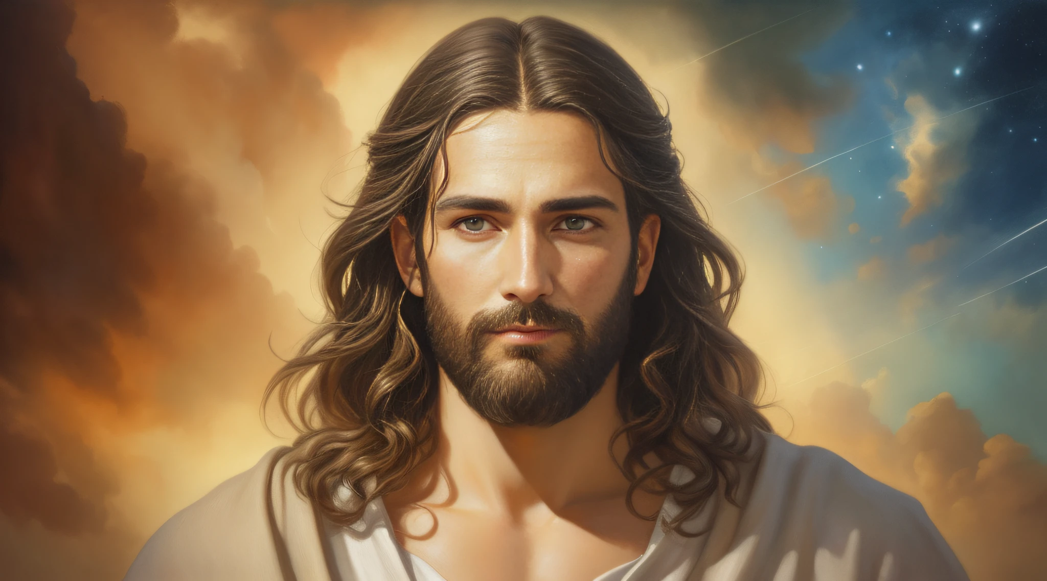 A painting of jesus with long hair and beard - SeaArt AI