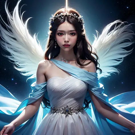 a woman in a white dress with blue lights on her shoulders, light dress, dark haired girl in a cosmic dress, light effect. feminine, dress made of fire, bokeh top cinematic lighting, ethereal lighting, wings made of light, imogen poots as a holy warrior, i...