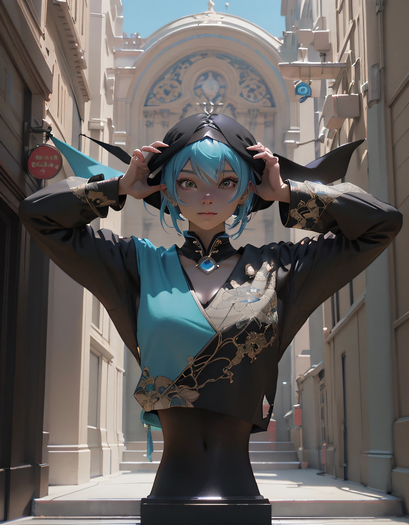 anime - style woman in a black and white outfit posing in front of a building, cinematic bust shot, 3 d render character art 8 k, detailed cinematic render, 4 k detail fantasy, fantasy style 8 k octane render, 8k portrait render, ross tran 8 k, 2. 5 d cgi anime fantasy artwork, hyperdetailed fantasy character, elegant cinematic pose