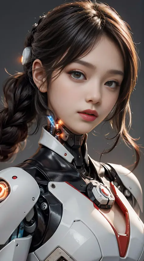 The best illustration, favoring details, close-up, a mecha girl with a delicate and beautiful face, ((red and white cyborg body:...