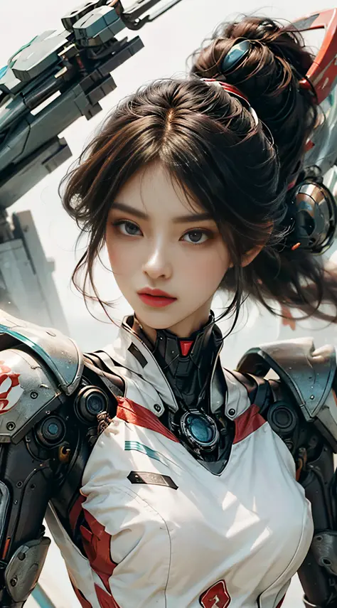 (Realisticity: 1.4), the best illustration, favoring details, close-up, a mecha girl with a delicate and beautiful face, ((red a...