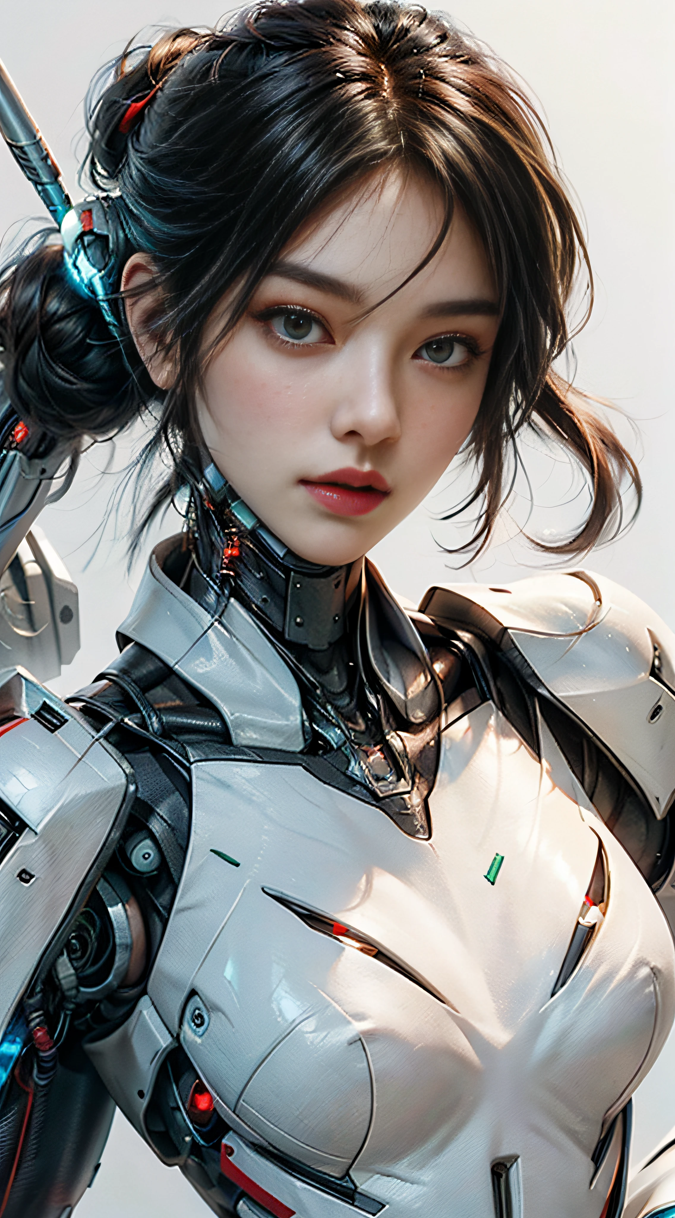 (Realisticity: 1.4), the best illustration, favor details, close-up, a mecha girl with a delicate and beautiful face, ((red and white cyborg body: 1.8)), (mid-chest: 1.2) white skin,