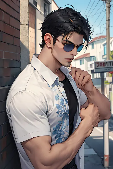 lifelike，（The Masterpiece，Top quality，best qulity，officlal art），greatly detailed，Colorful，Most detailed，god，shorter hair，black color hair，Handsome man，gargantilha，short sleeve，outskirts，sunglasses