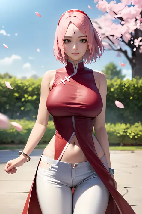 Realistic, Photorealistic,cowboy shot,masterpiece, absurdres ,1girl, haruno sakura, forehead mark, red hairband, red sleeveless ...