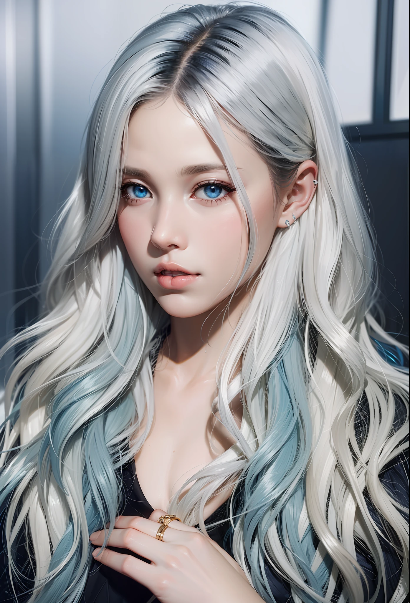1 girl, solo, white colored hair, Wavy Hair, forehead, icy-blue eyes,  black шуба