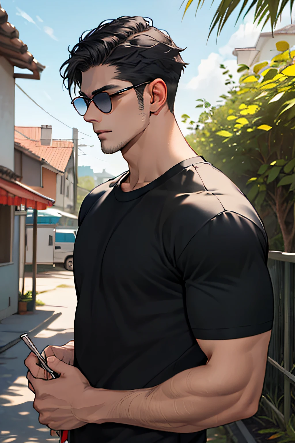 Lifelike，（The Masterpiece，Top quality，best qulity，officlal art），greatly detailed，Colorful，Most detailed，God，shorter hair，black color hair，Handsome man，gargantilha，short sleeve，outskirts，sun glasses