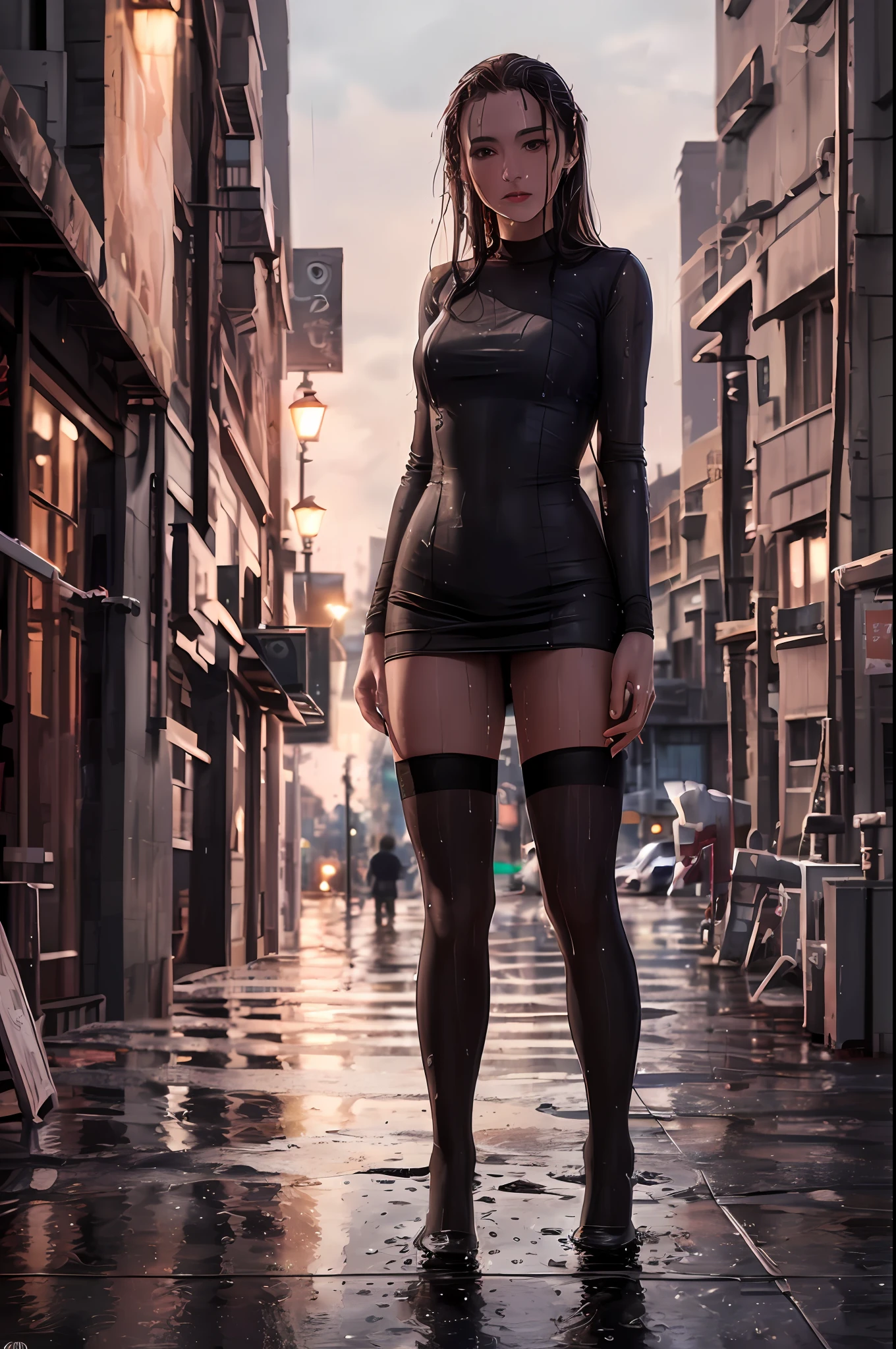 (8k, RAW photo, best quality, masterpiece:1.2), (realistic, photo-realistic:1.37),1girl,cute,cityscape, night, rain, (((wet))),professional lighting, photon mapping, radiosity, physically-based rendering, full body,thighhighs,legs together,