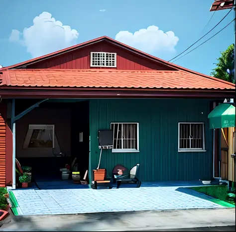 there is a small building with a red roof and a red tiled roof, renderizar 3 d, Rendering, Directed by: Willian Murai, 3/4 view realistic, casa completa, Final 3D rendering, 3d finalrender, 3d-render, 3D rendering, 3d-render, 3d-render, 3d-render, render c...
