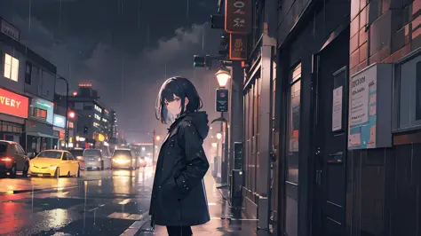 1girl, Night City, rain, coat, hands in pockets