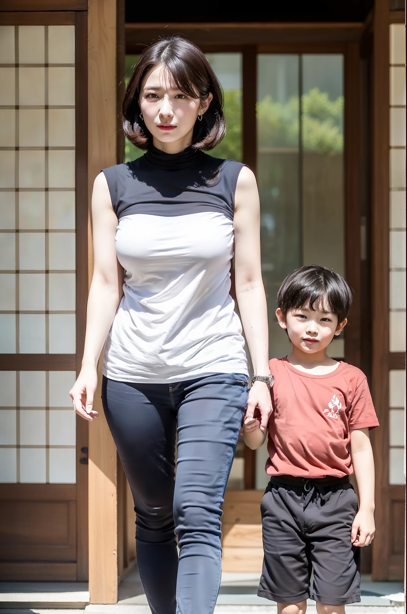 两名日本男子和女子、两个母亲和儿子、两人并肩站着、妈妈有淫秽的大乳房、妈妈的风格很完美、妈妈的屁股很大、Mother 高领针织袖其他紧身裙、我妈妈的身高是178厘米、妈妈的面容最美丽、我妈妈35岁、我儿子 15 岁、母亲爱她的儿子、我儿子身高160厘米、儿子有一张可爱的脸、我儿子的头发很短、我儿子有一条裤子.、（原始摄影:1.2）最好的品质 , 高准确率 , 完美照明 , RAW 现象 , 美丽肌肤 ,儿子把脸埋在妈妈的胸前