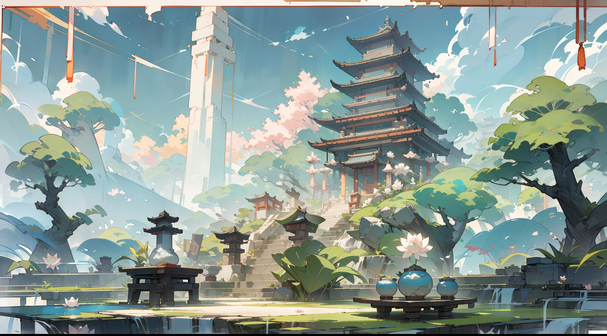 古董游戏场景设计，巨大的树木，花香，Lotus 架构，浮动桌，蔚蓝的天空，白云，中国水墨画高角度OC渲染雕塑