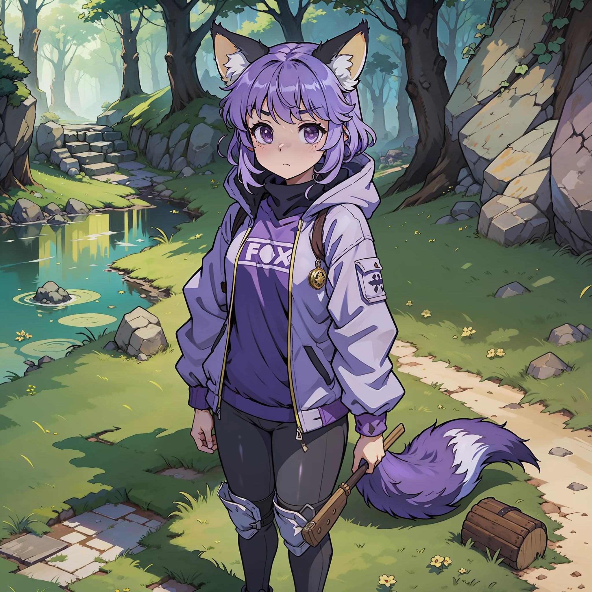 Fox ears、Fox tail、Purple hair、長髪、parka、foodie、jersey、gymnastic suit、Standing Picture、short、loli，full bodied、Fantasy background、towns、((full bodied))、((The Masterpiece))、((Anime filling))、anime character、Moe Character