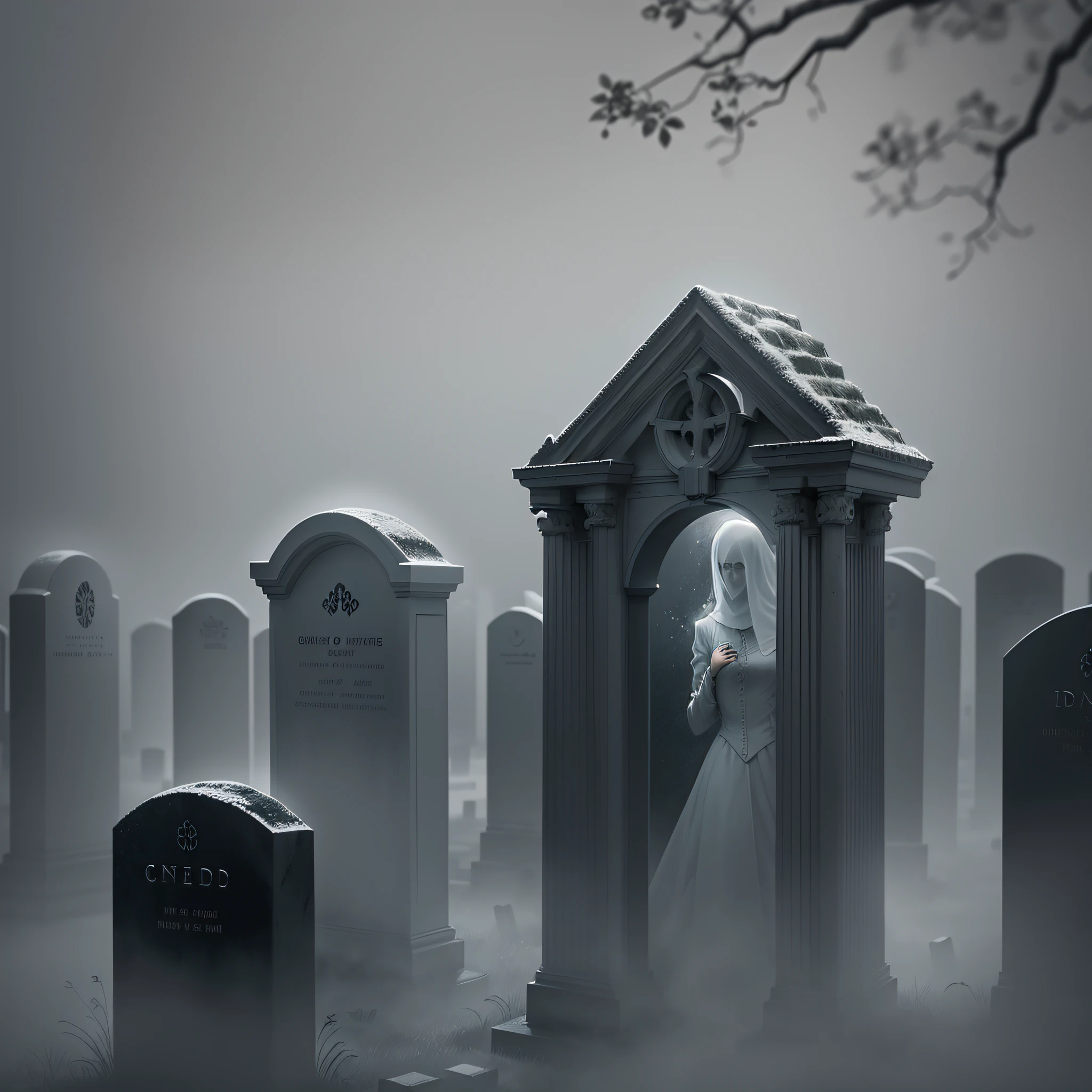 "Ghostly Hauntings": A minimalist and atmospheric image depicting ghostly apparitions floating among tombstones in a misty graveyard, with subtle shades of gray, capturing the eerie ambiance of Halloween night, Ultra realism, color field printing, high detail, UHD, 8k, anatomically correct, cinematic lighting 4d quality --auto --s2