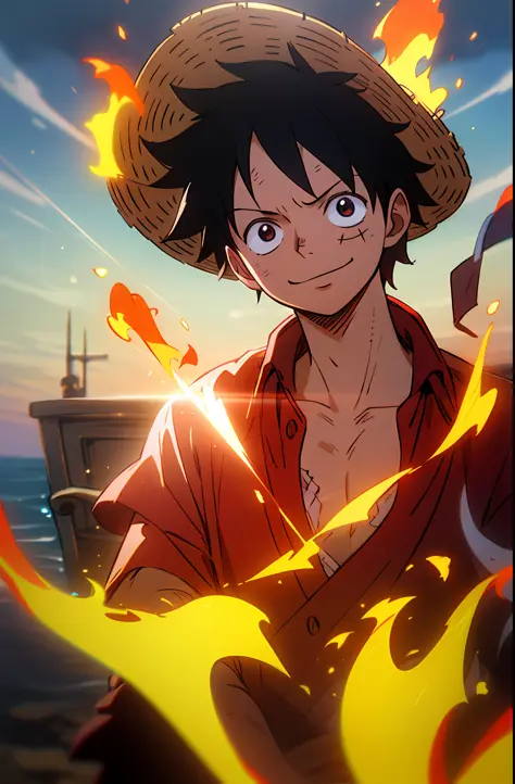 1boys, wanostyle, monkey d luffy, Smiling, Straw hat, look viewer, 独奏, Upper body, ((masterpiece)), (Best quality), (Extremely d...