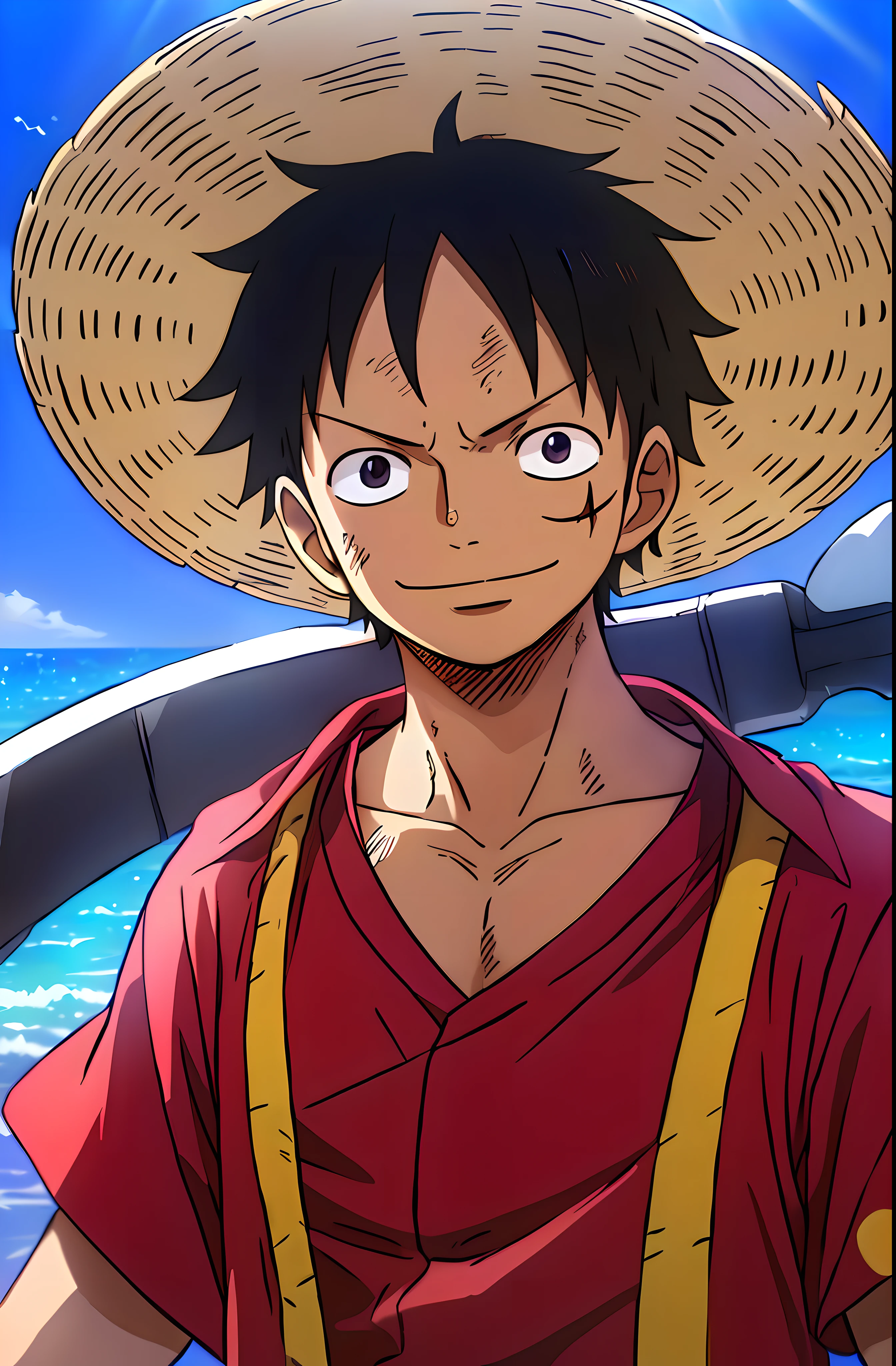 1boys, wanostyle, monkey d luffy, Smiling, Straw hat, look viewer, solo, Upper body, ((masterpiece)), (Best quality), (Extremely detailed), Depth of field, sketch, dark intensive shadows, Sharp focus quality, hdr, Colorful, Good composition, There were fires all around, spectacular, Closed shirt, Anime screenshots, Scars under the eyes, getting ready to fight, Dark eyes，deep of field，ocean background，ship，sunrays，Red clothes，