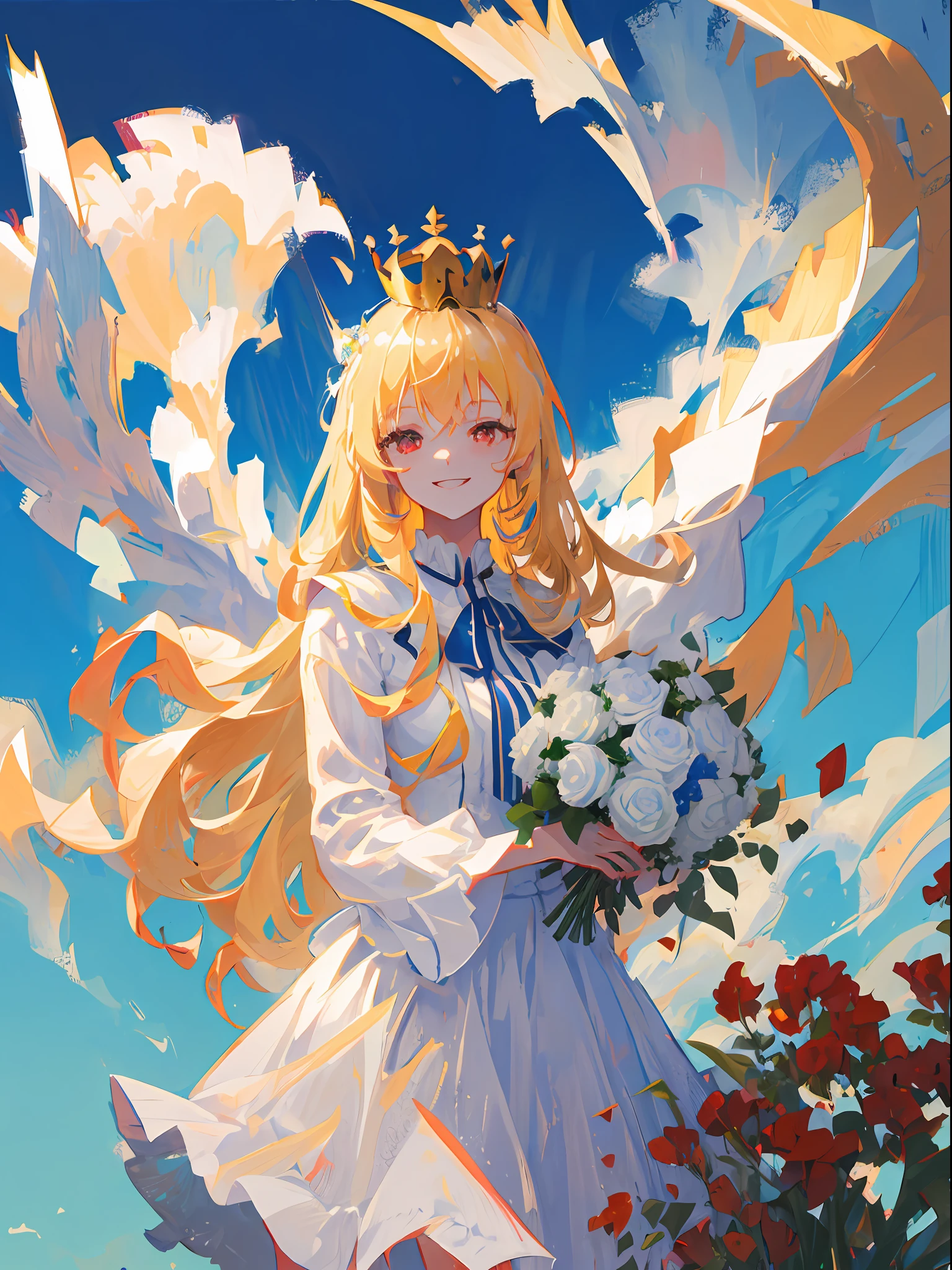 1Girl, blond hair, long hair, red eyes, god crown, beautiful eyes, evil smile, white dress, bouquet, holding with both hands, upper body, on grassland, blue sky