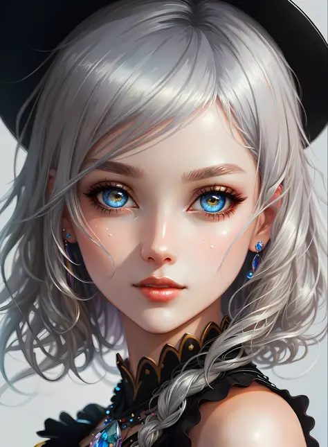 ((best qualiy)), ((The Masterpiece)), ((Realstic)), (full details),anime stile、 (a 1 woman)Close up portrait of cute woman with black hair - silver hair blonde、Beautiful and moisturized eyes like crystal clear glass、Face without makeup、4K high-definition d...