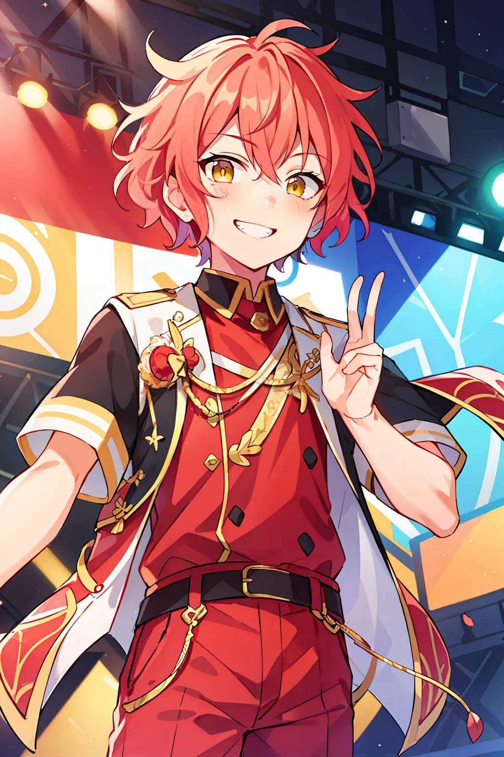 (high-quality, breathtaking),(expressive eyes, perfect face), 1boy, male, solo, short, young boy, curly peach pink hair, yellow eyes, grin, red idol outfit, pants, stage