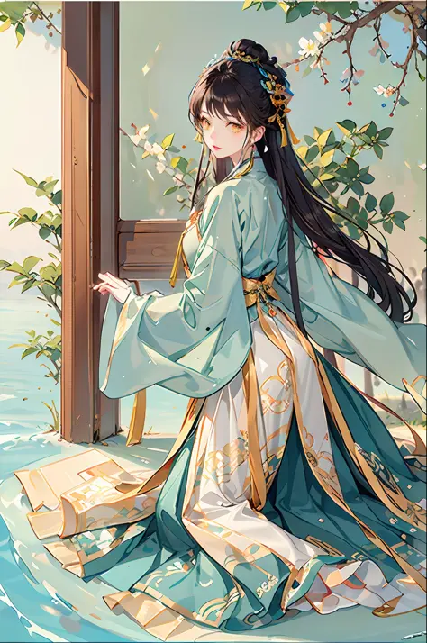 best possible quality，complicated detail，high - resolution，（beautifuldetailedwater：1.4），（Hanfu，Tang Feng），Yellow eyes，Put your hands behind your back