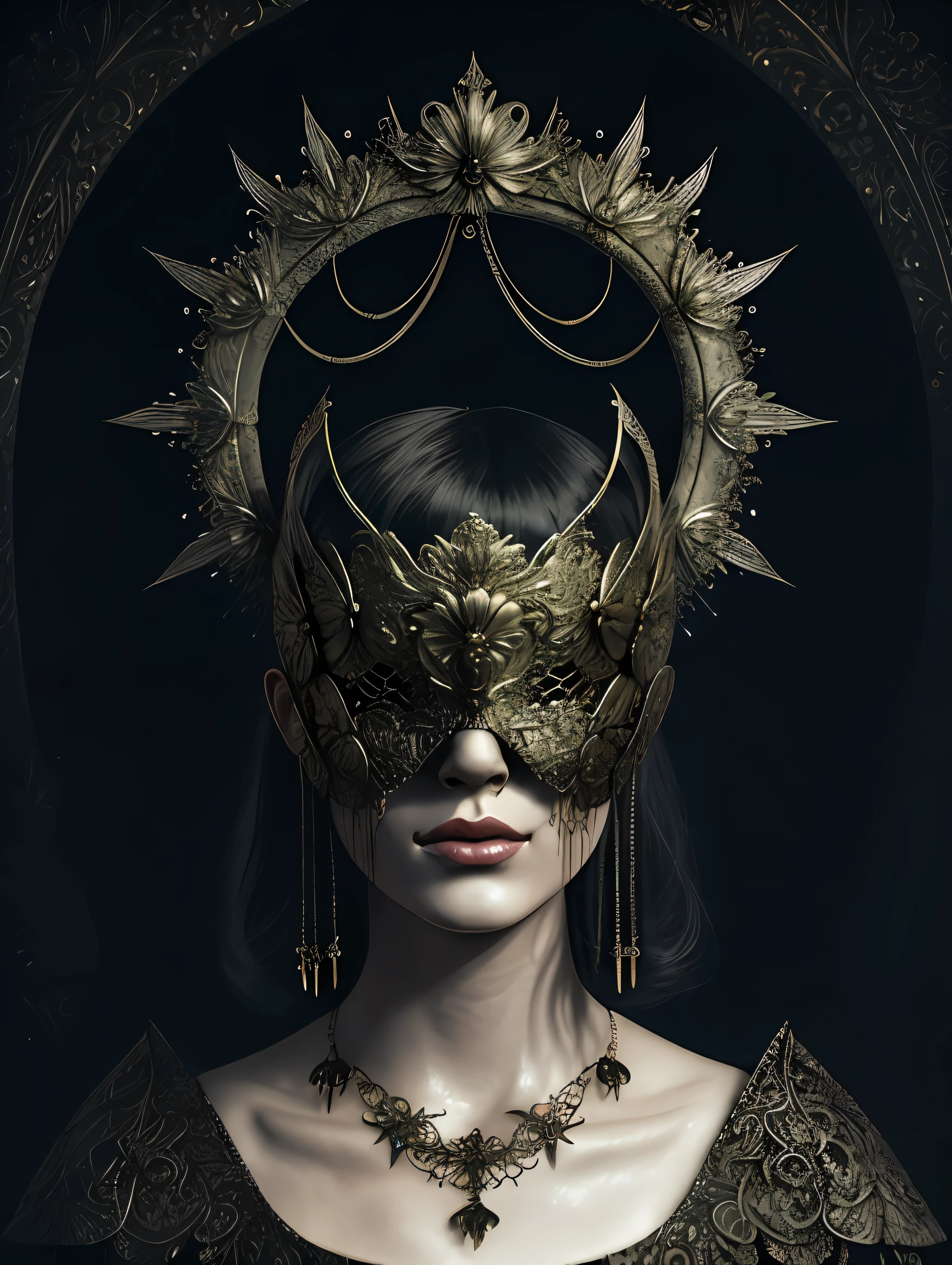 portrait, a woman wearing a halo blind mask, necklace, tone mapped, detailed, highly detailed, digital painting, artstation, concept art, smooth, sharp focus, beautiful illustration, photo, brightly lit, dynamic lighting, fog, intricate, film grain, professional, facing the viewer, OldEgyptAI