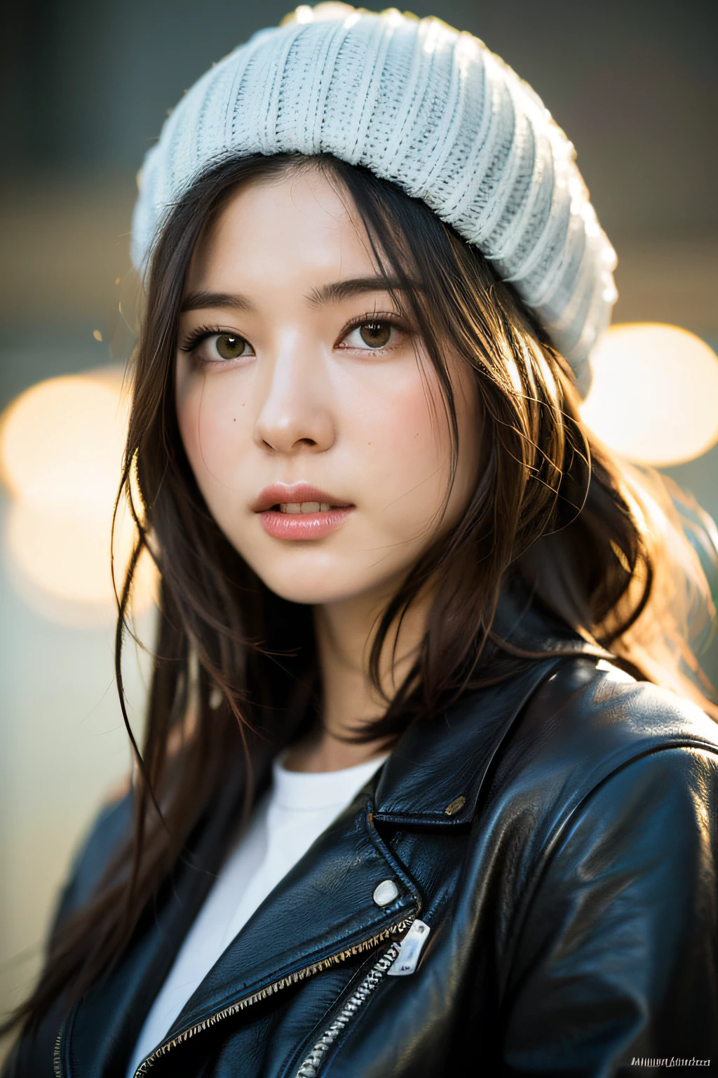 (
(8k:1.27), best quality, masterpiece, ultra highres:1.2) Photo of Pretty Japanese woman
 (beautiful:1.1) (sci-fi warrior woman:1.1) space soldier, (beanie:1.61) (leather jacket:1.21) intricate elegant, fantasy, detailed, ometric by greg rutkowski and alphonse mucha, gradient lighting