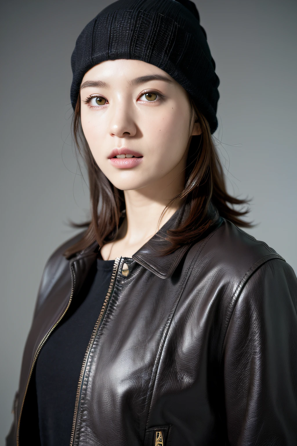 (
(8k:1.27), best quality, masterpiece, ultra highres:1.2) Photo of Pretty Japanese woman
 (beautiful:1.1) (sci-fi warrior woman:1.1) space soldier, (beanie:1.61) (leather jacket:1.21) intricate elegant, fantasy, detailed, ometric by greg rutkowski and alphonse mucha, gradient lighting