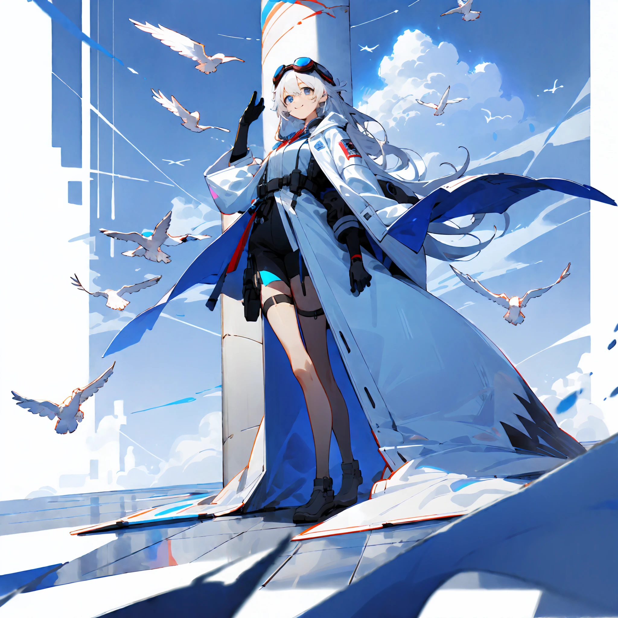 （White cloud background)，[[(White background:3) ::5]]，（isometric：1.0），Large area of blank，（Delicate face and beautiful eyes），simplebackground， 1girls， middle shot， (fully body)， Cloud splash，  skies， light particules，(White long hair)，Near-future cyberpunk jacket，blue eyes，Standing painting style，Tall，Gentle smile，Fluttering feathers，Leg straps，Dove，goggles on head，dynamic，sitting​