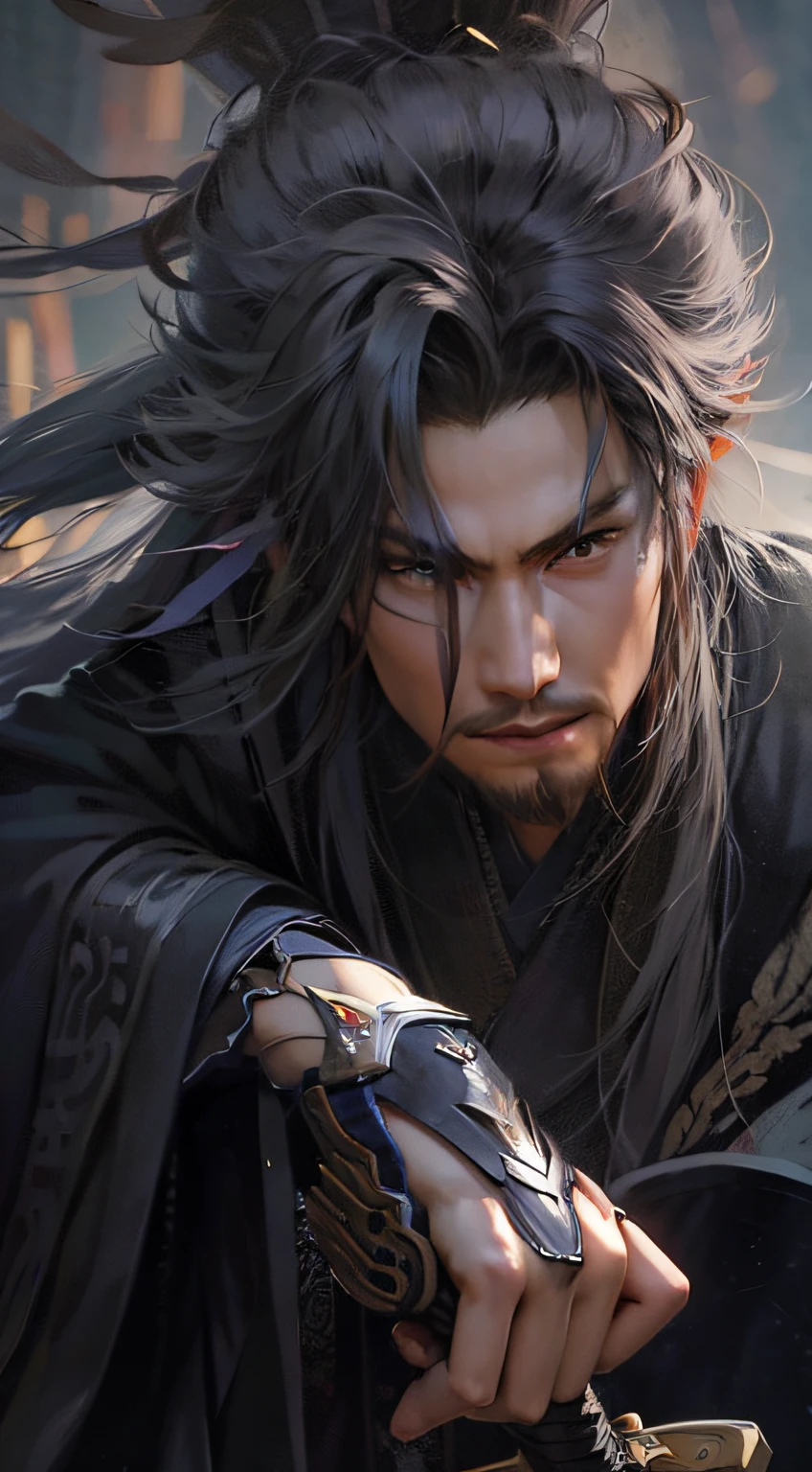 A warrior，long way hair，Hanfu，Robe，Sword，Handsome face shape，Lifelike：1.2